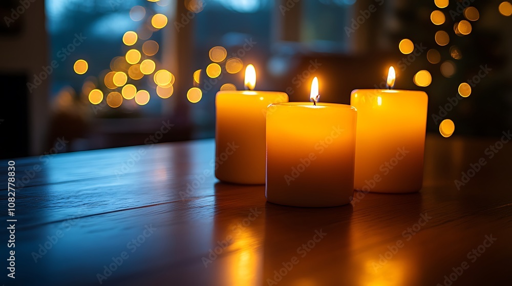 Rustic wooden table in focus, with a softly blurred background of glowing Christmas lights and flickering candles, casting a warm, festive glow, creating a cozy holiday atmosphere. --ar 16:9 Rustic wooden table in focus, with a softly blurred background of glowing Christmas lights and flickering candles, casting a warm, festive glow, creating a cozy holiday atmosphere. --ar 16:9
