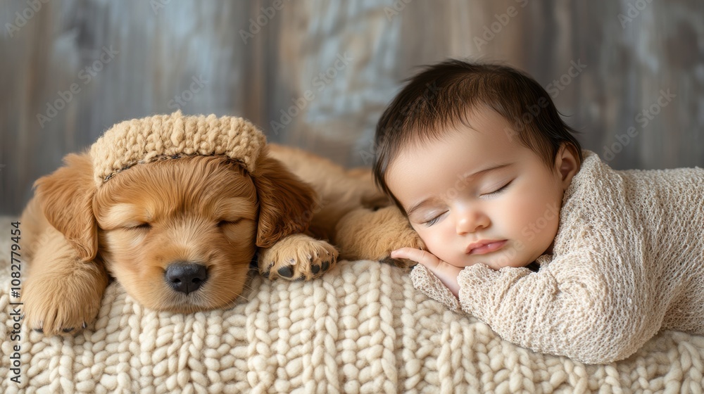Baby and Puppy Resting on Cozy Blanket
