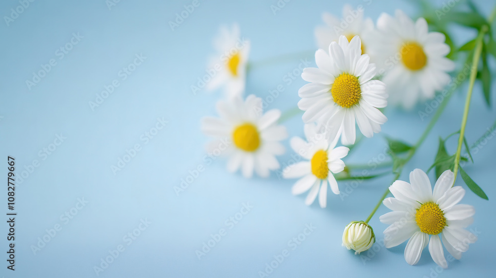 Obraz premium Fresh white daisies on light blue background create serene and cheerful atmosphere, perfect for spring or summer themes