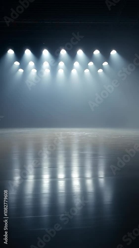 A row of spotlights illuminate a dark room, casting beams of light onto a smooth, reflective floor photo