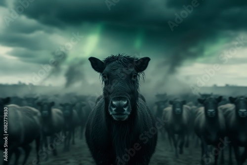 A black cow stands in front of a herd of cows, looking directly at the camera with a stormy sky behind them. photo