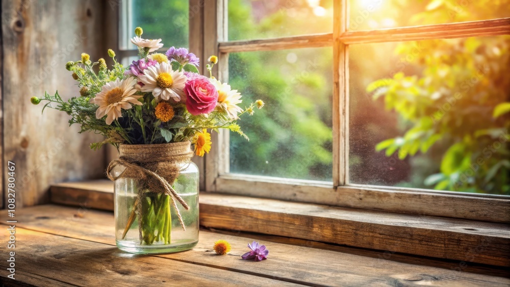 Rustic mason jar flower arrangement on wooden table by window with natural light Rustic mason jar flower arrangement on wooden table by window with natural light