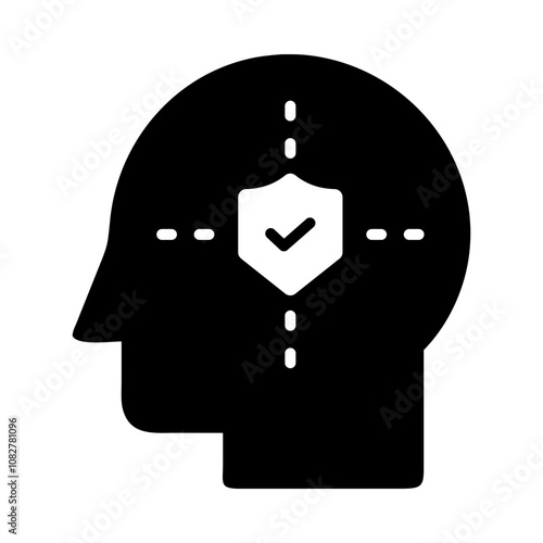 Black and white icon representing AI and security, with a head and checkmark.