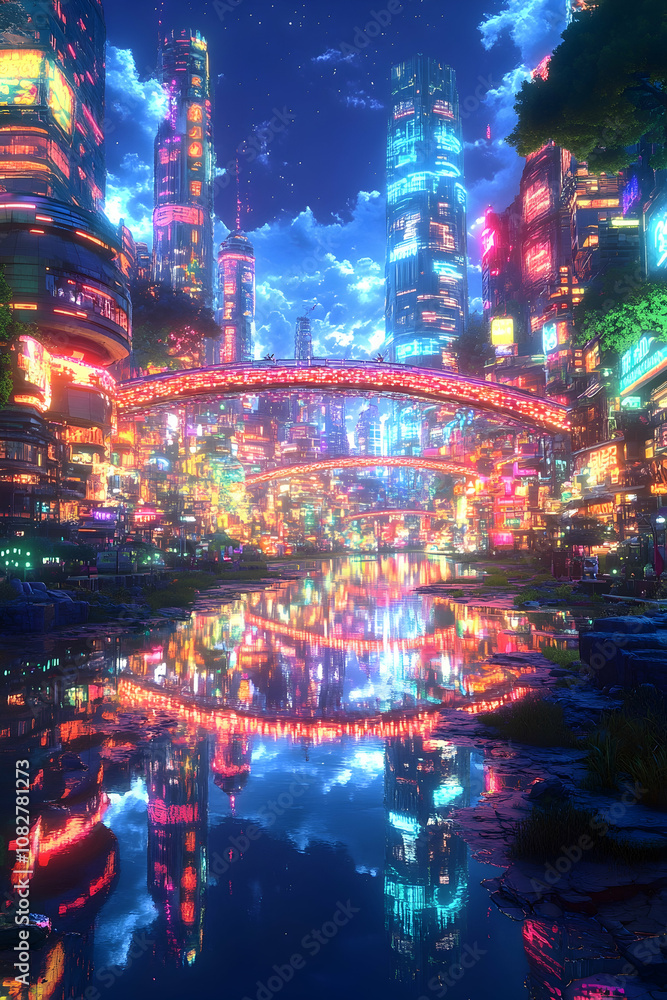 A futuristic city with glowing neon lights and a bridge over a reflective river at night. A futuristic city with glowing neon lights and a bridge over a reflective river at night.