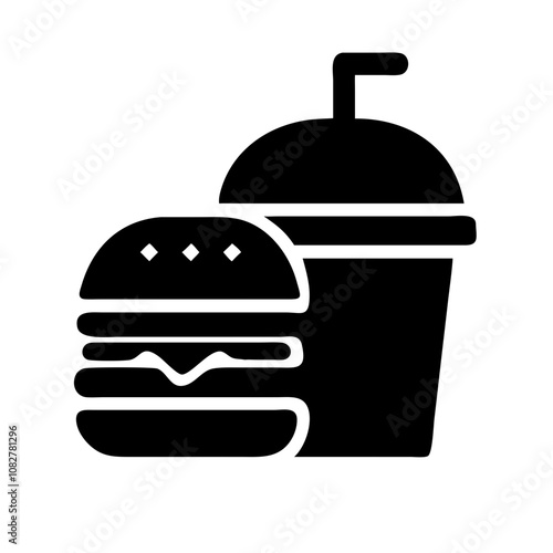 Black and white icon of a burger and cocktail, symbolizing food and beverage themes.