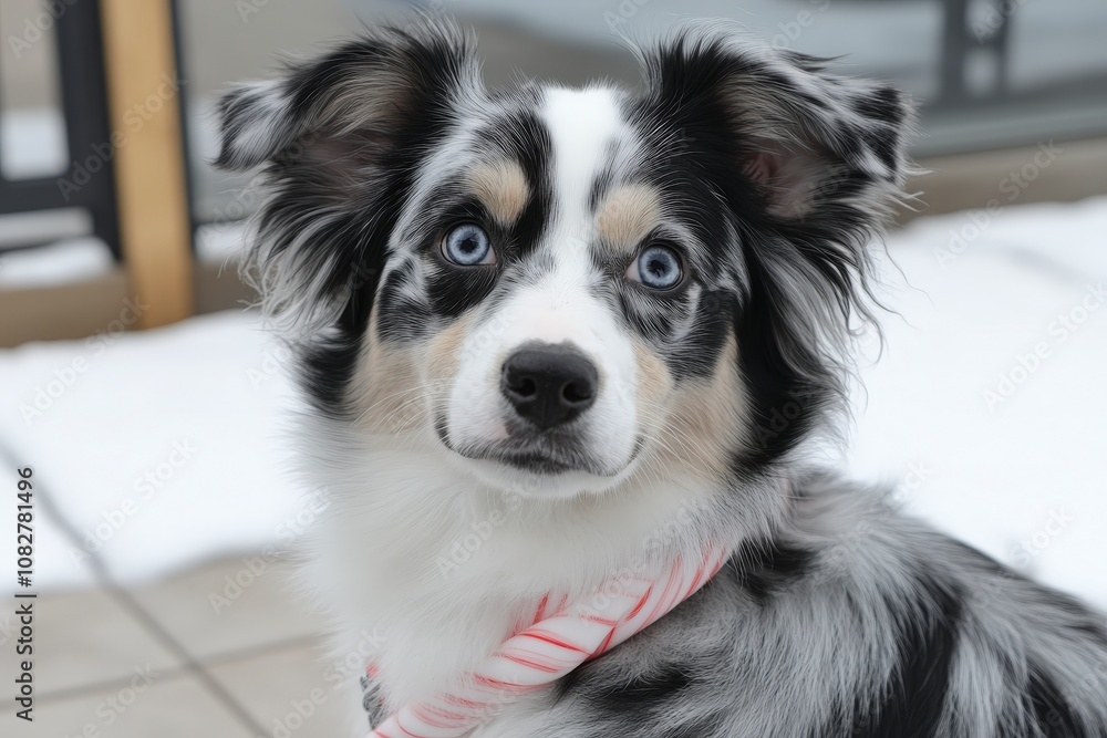 A blue-eyed Australian Shepherd puppy looks up with a curious expression. A blue-eyed Australian Shepherd puppy looks up with a curious expression.