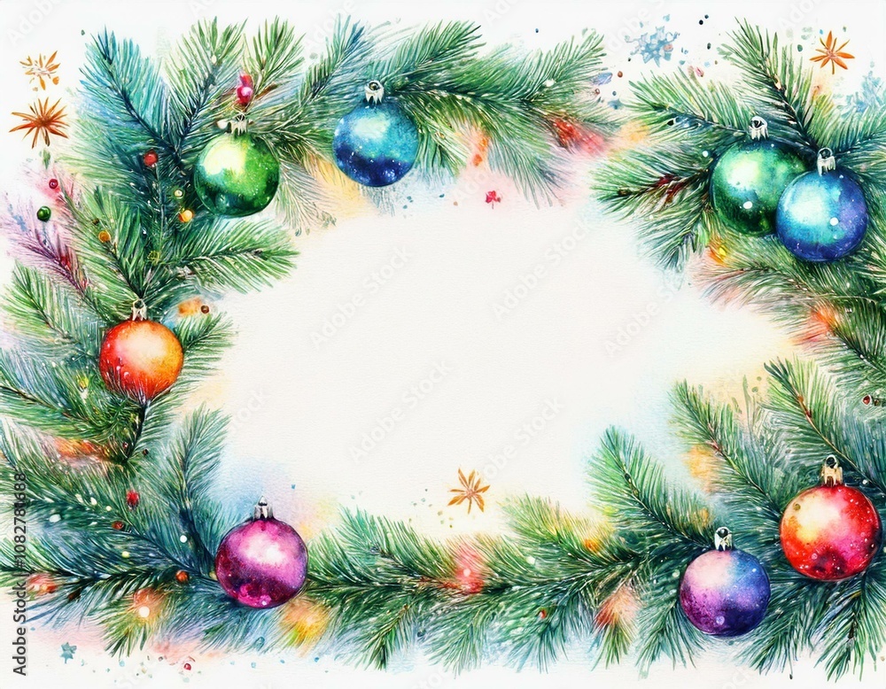Marco navideño colorido, con ramas de arbol de navidad, bolas y luces de colores, espacio para texto Marco navideño colorido, con ramas de arbol de navidad, bolas y luces de colores, espacio para texto