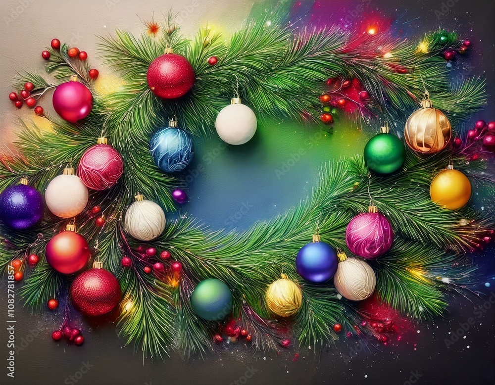 Marco navideño colorido, con ramas de arbol de navidad, bolas y luces de colores, espacio para exto Marco navideño colorido, con ramas de arbol de navidad, bolas y luces de colores, espacio para exto