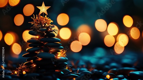 A serene Christmas tree made of stones glimmers with lights, set against a backdrop of soft, warm bokeh, evoking a cozy holiday atmosphere. photo