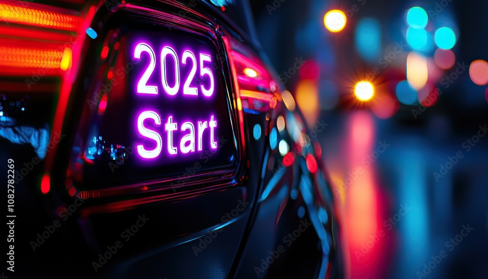 A vibrant, nighttime scene featuring a car's illuminated dashboard displaying A vibrant, nighttime scene featuring a car's illuminated dashboard displaying