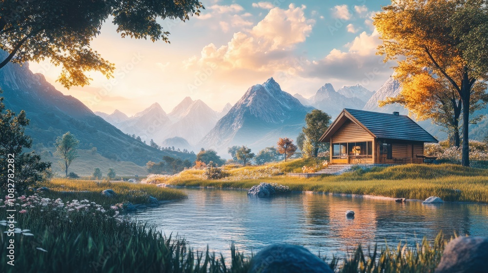 Obraz premium A cozy riverside bungalow with a backdrop of majestic mountains, vivid tones capturing the serene landscape, professional quality detail.