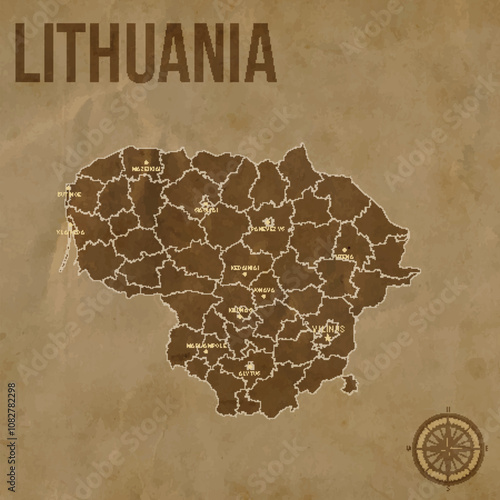 Vintage LITHUANIA Map with Regions Borders and Major Cities Positions