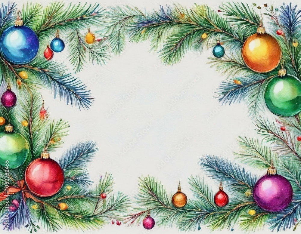 Marco navideño colorido, con ramas de arbol de navidad, bolas y luces de colores, espacio para exto Marco navideño colorido, con ramas de arbol de navidad, bolas y luces de colores, espacio para exto