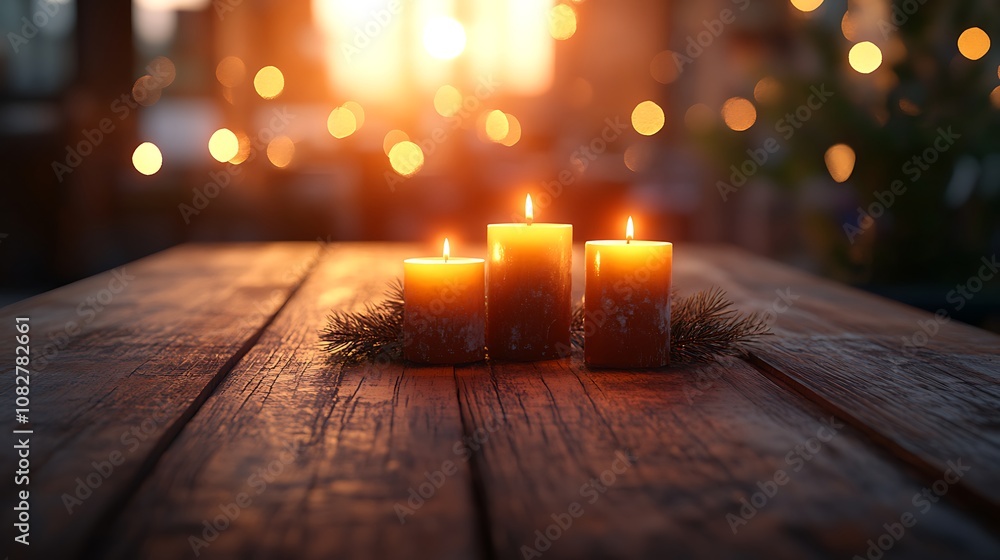 Simple wooden table, blurred background of warm candlelight and soft shadows, evoking a serene and festive holiday mood, perfect for Christmas imagery. --ar 16:9 Simple wooden table, blurred background of warm candlelight and soft shadows, evoking a serene and festive holiday mood, perfect for Christmas imagery. --ar 16:9
