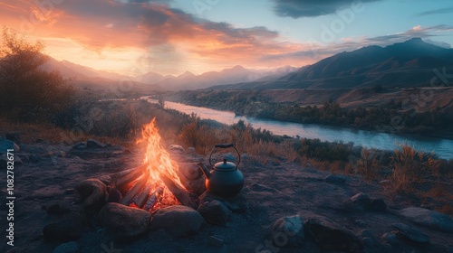 A kettle boiling over a campfire, set against a stunning landscape with vivid tones. Mountains and valleys in the background, professional quality. photo