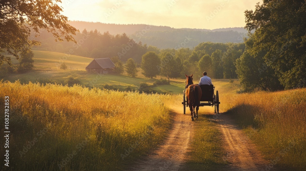 Obraz premium A person enjoying a horse-drawn carriage ride through scenic countryside, vivid tones highlighting the peaceful, nostalgic atmosphere.