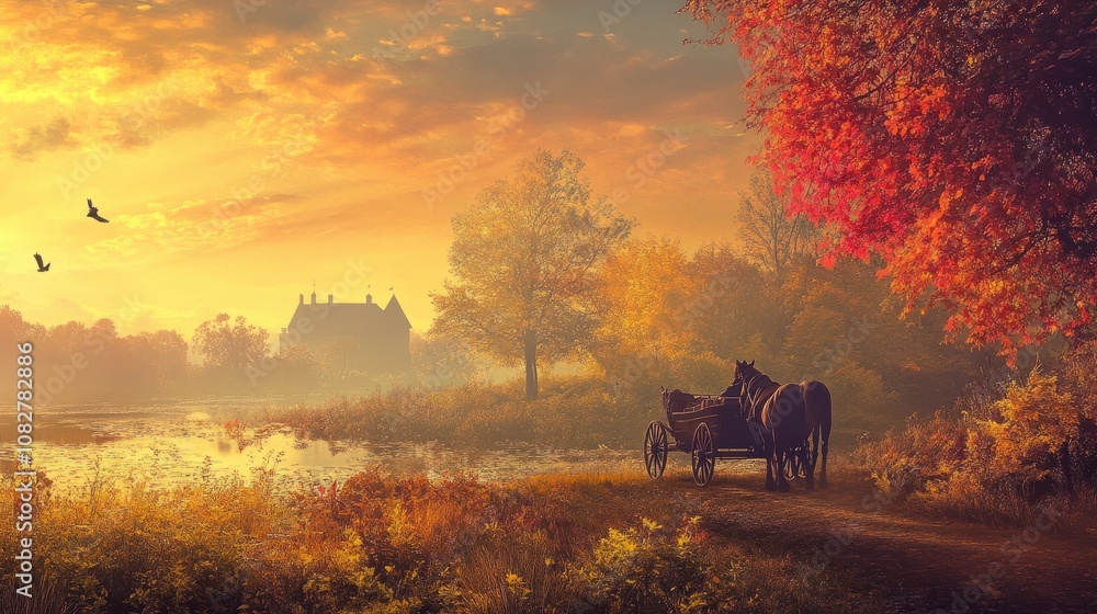 A person enjoying a horse-drawn carriage ride through scenic countryside, vivid tones highlighting the peaceful, nostalgic atmosphere. A person enjoying a horse-drawn carriage ride through scenic countryside, vivid tones highlighting the peaceful, nostalgic atmosphere.