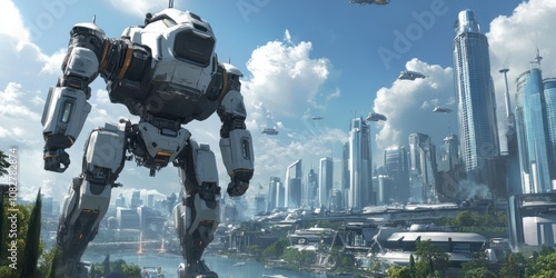 A futuristic cityscape featuring a large robot overlooking advanced architecture and vehicles.