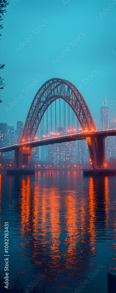 Obraz premium A steel arch bridge over a city skyline reflecting in the water.