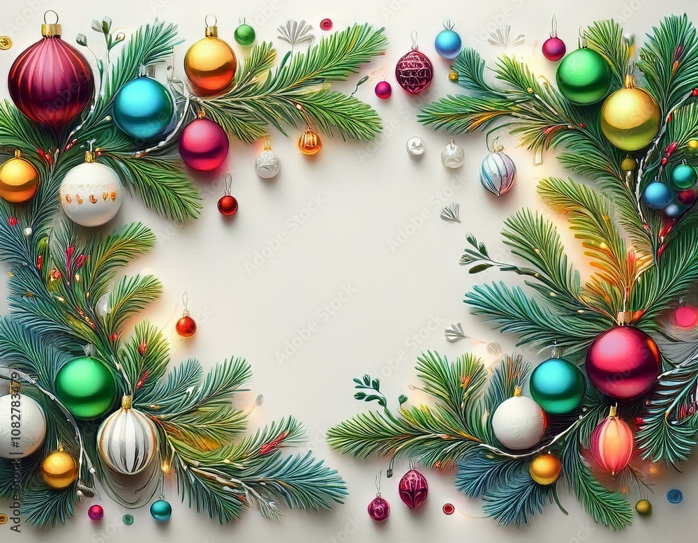 Marco navideño colorido, con ramas de arbol de navidad, bolas y luces de colores, espacio para exto Marco navideño colorido, con ramas de arbol de navidad, bolas y luces de colores, espacio para exto