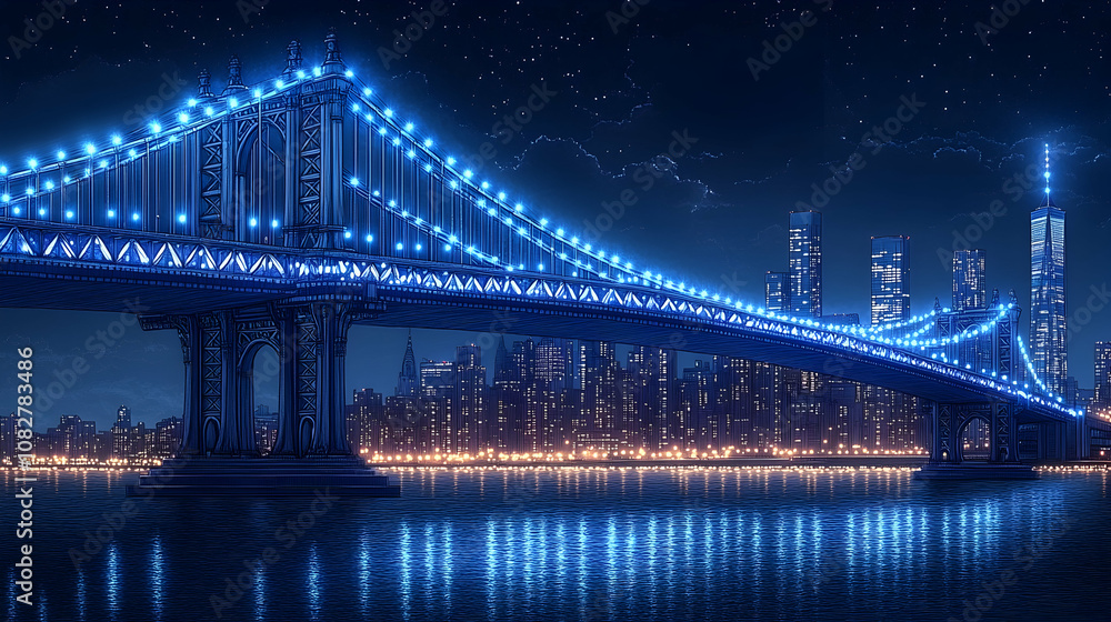 Fototapeta premium A stunning night view of the Brooklyn Bridge, lit up with blue lights, over the dark waters of the East River with the New York City skyline in the background.