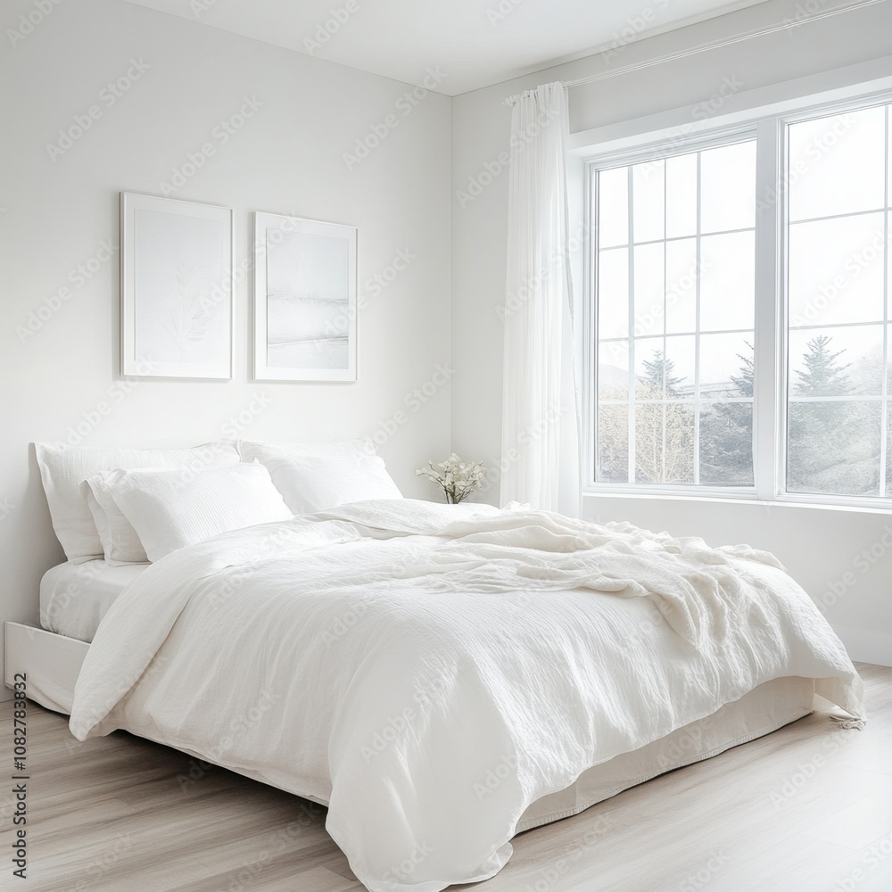 A pristine white bedroom with a large window, a bed with white bedding, and two framed prints on the wall. A pristine white bedroom with a large window, a bed with white bedding, and two framed prints on the wall.