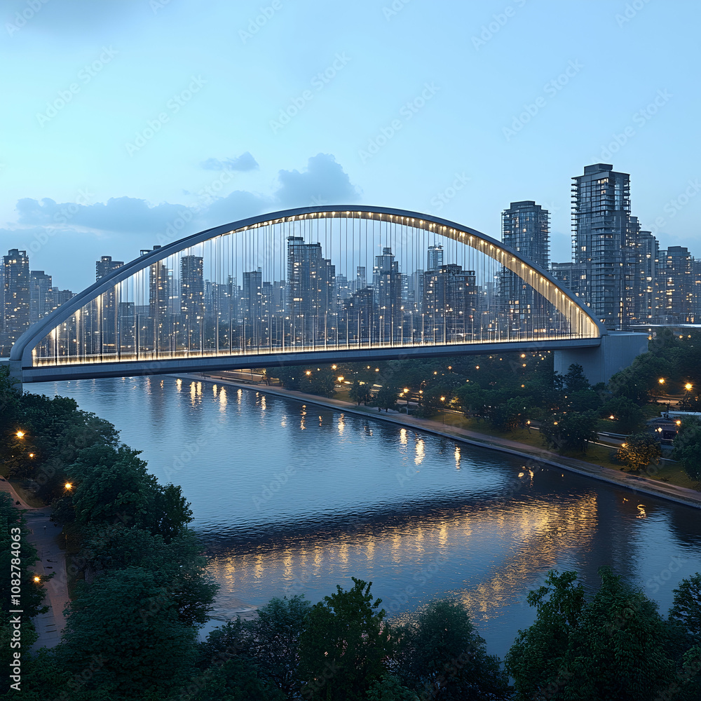 Obraz premium An arch bridge over a river with a cityscape in the background at dawn.