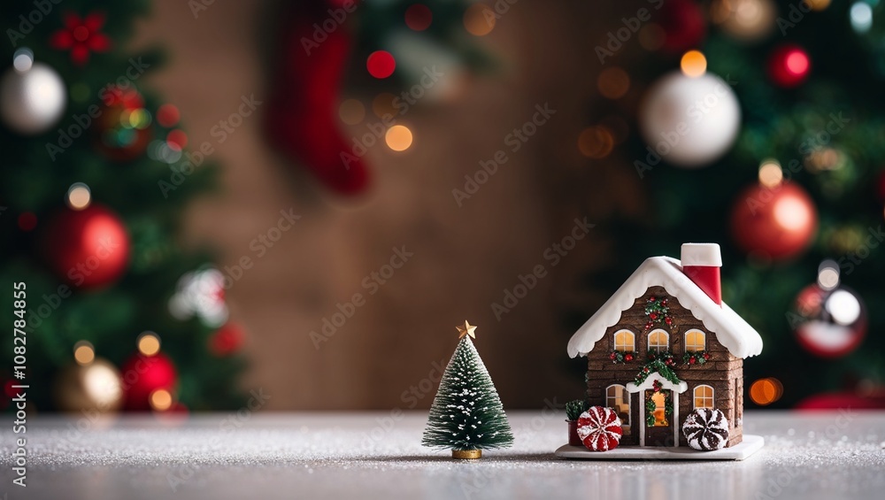 Christmas mockup background with house ornament, bottle brush pine tree, and home holiday decor Christmas mockup background with house ornament, bottle brush pine tree, and home holiday decor
