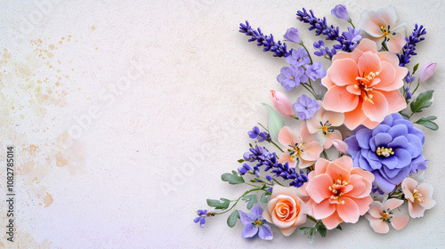 Fototapeta Naklejka Na Ścianę i Meble -  Pastel floral arrangement featuring lavender, peonies, and roses, creating serene and elegant atmosphere. Perfect for spring decor or invitations