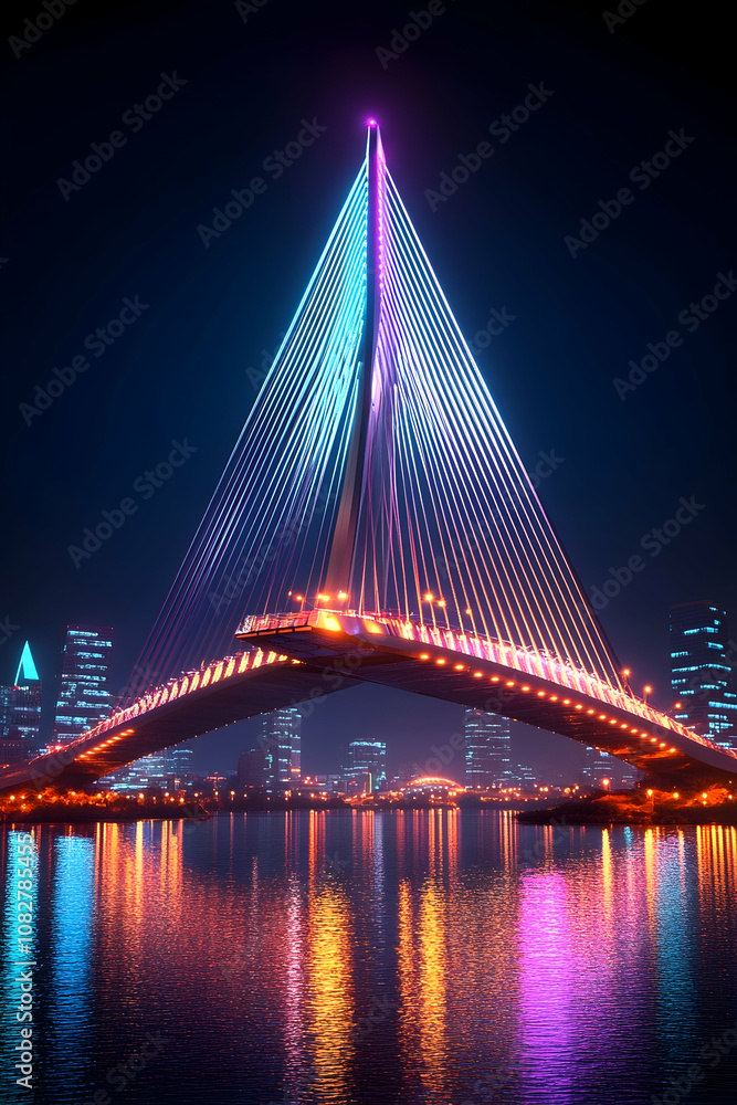 Fototapeta premium Futuristic bridge with colorful lights over water at night.