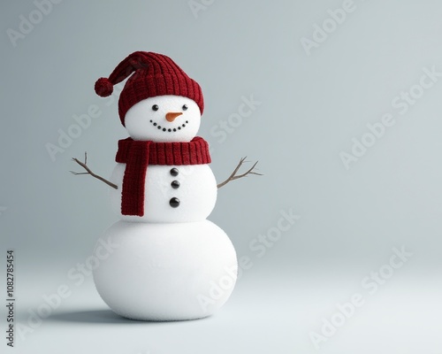 A cheerful snowman wearing a red knitted hat and scarf stands on a white background, ready for winter fun.