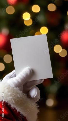 Close-up of Santa Claus's hand holding a blank white postcard, Generative ai 