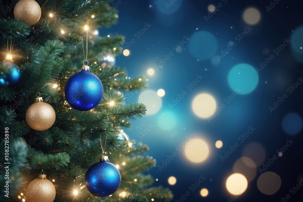 Close-up of Christmas tree with red balls and bokeh in the background. Background with copy space for holiday design. Close-up of Christmas tree with red balls and bokeh in the background. Background with copy space for holiday design.
