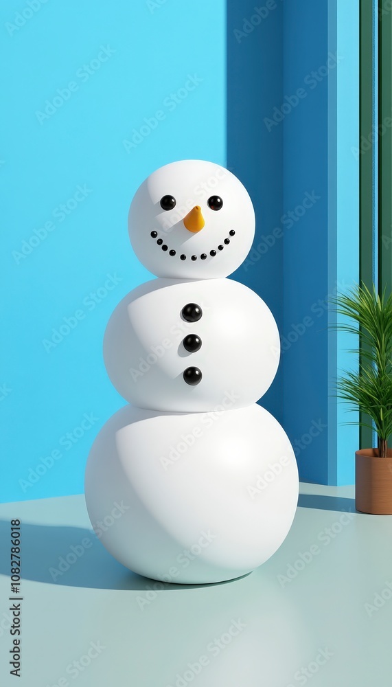 A cheerful snowman with a carrot nose and black eyes, standing on a blue and white surface. A cheerful snowman with a carrot nose and black eyes, standing on a blue and white surface.