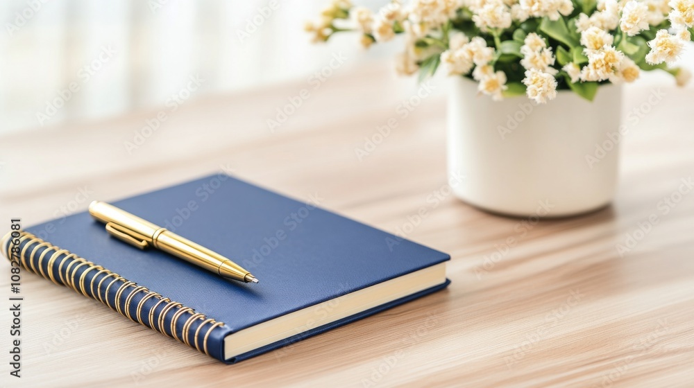 Elegant workspace featuring navy blue planner, gold pen, and beige notebook on wooden desk with floral decor Elegant workspace featuring navy blue planner, gold pen, and beige notebook on wooden desk with floral decor