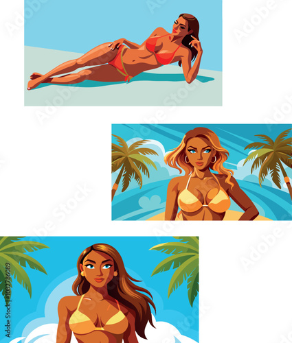 Beautiful tanned women sunbathing and posing on tropical beach