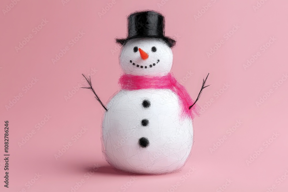A cheerful snowman with a pink scarf and black top hat stands on a pink background. A cheerful snowman with a pink scarf and black top hat stands on a pink background.