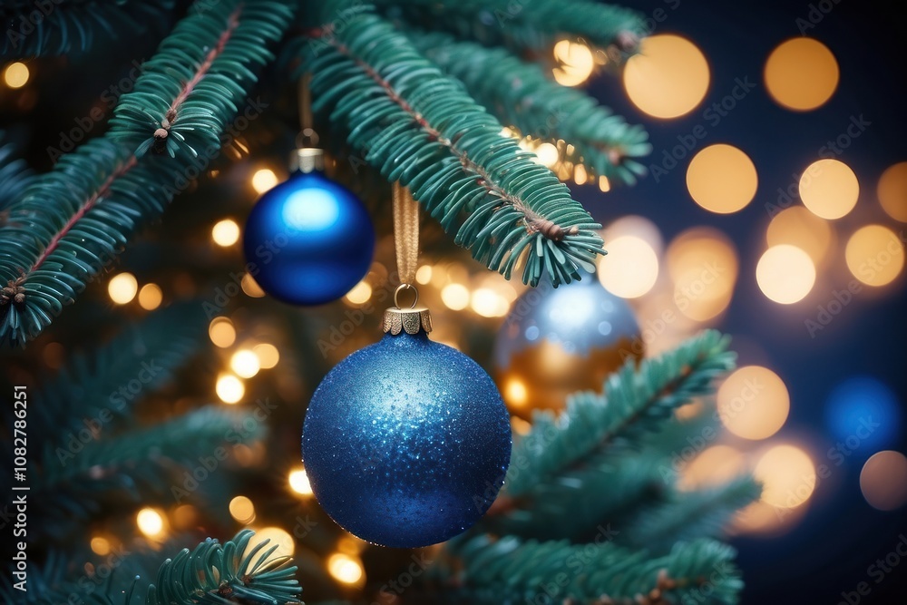 Close-up of Christmas tree with red balls and bokeh in the background. Background with copy space for holiday design. Close-up of Christmas tree with red balls and bokeh in the background. Background with copy space for holiday design.