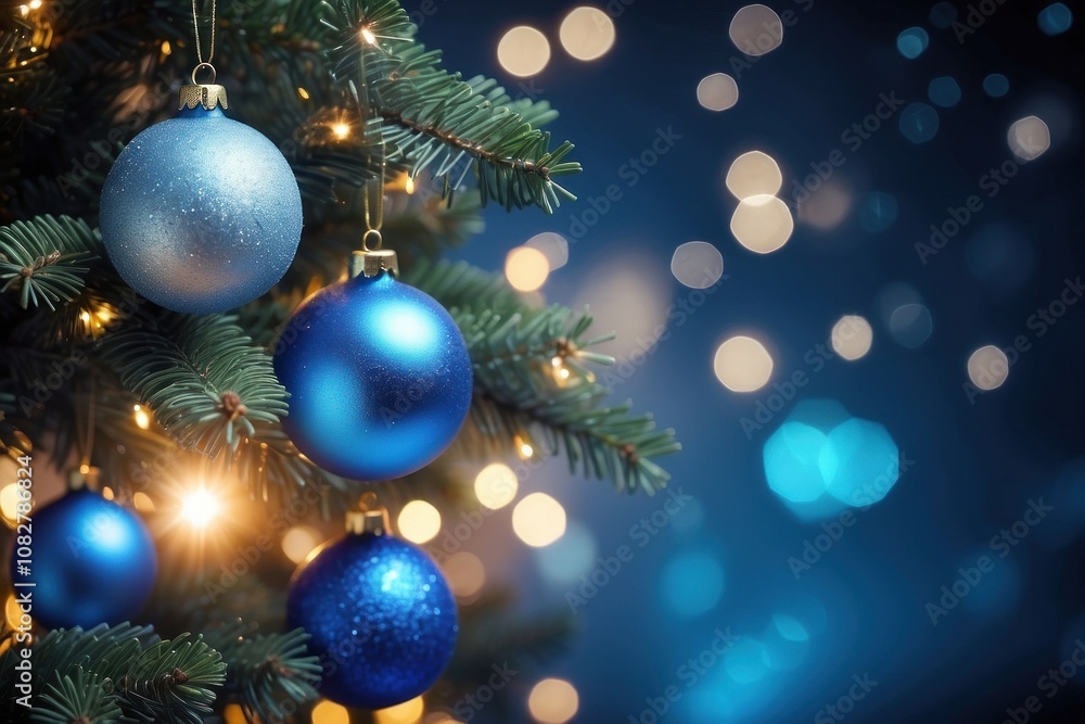 Close-up of Christmas tree with red balls and bokeh in the background. Background with copy space for holiday design. Close-up of Christmas tree with red balls and bokeh in the background. Background with copy space for holiday design.
