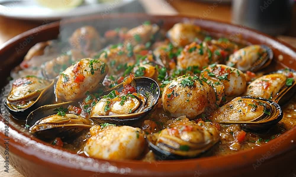 A delicious seafood dish featuring clams and spices. A delicious seafood dish featuring clams and spices.