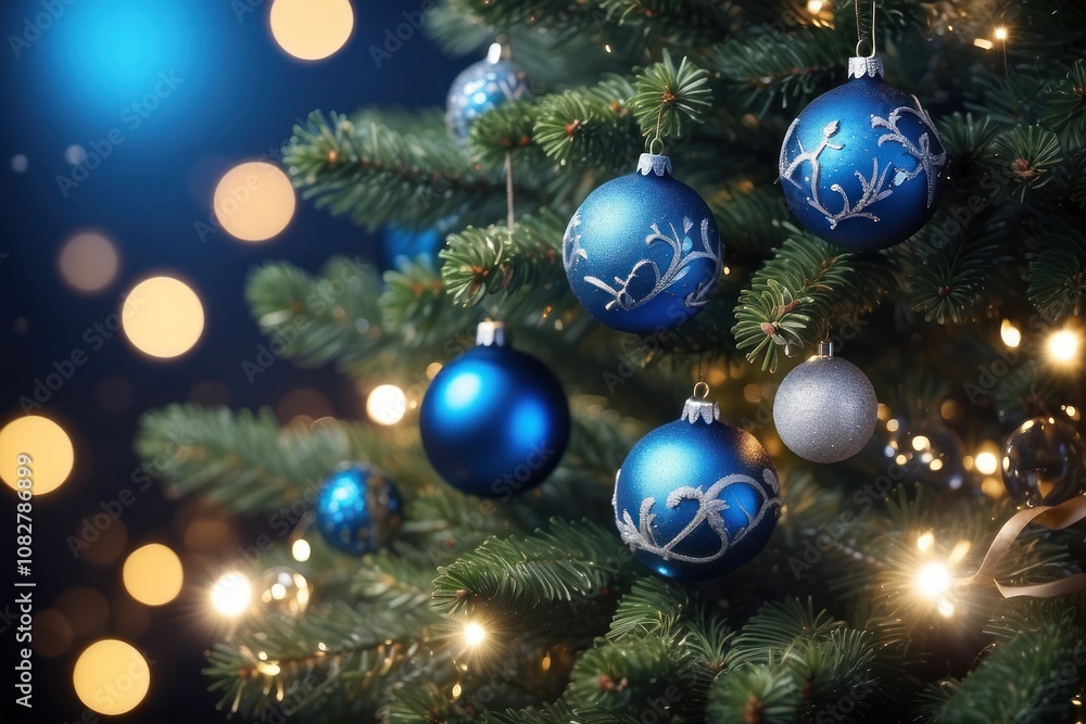 Close-up of Christmas tree with red balls and bokeh in the background. Background with copy space for holiday design. Close-up of Christmas tree with red balls and bokeh in the background. Background with copy space for holiday design.