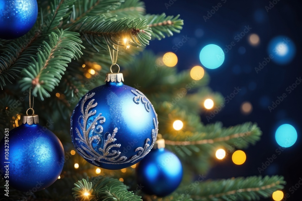 Close-up of Christmas tree with red balls and bokeh in the background. Background with copy space for holiday design. Close-up of Christmas tree with red balls and bokeh in the background. Background with copy space for holiday design.