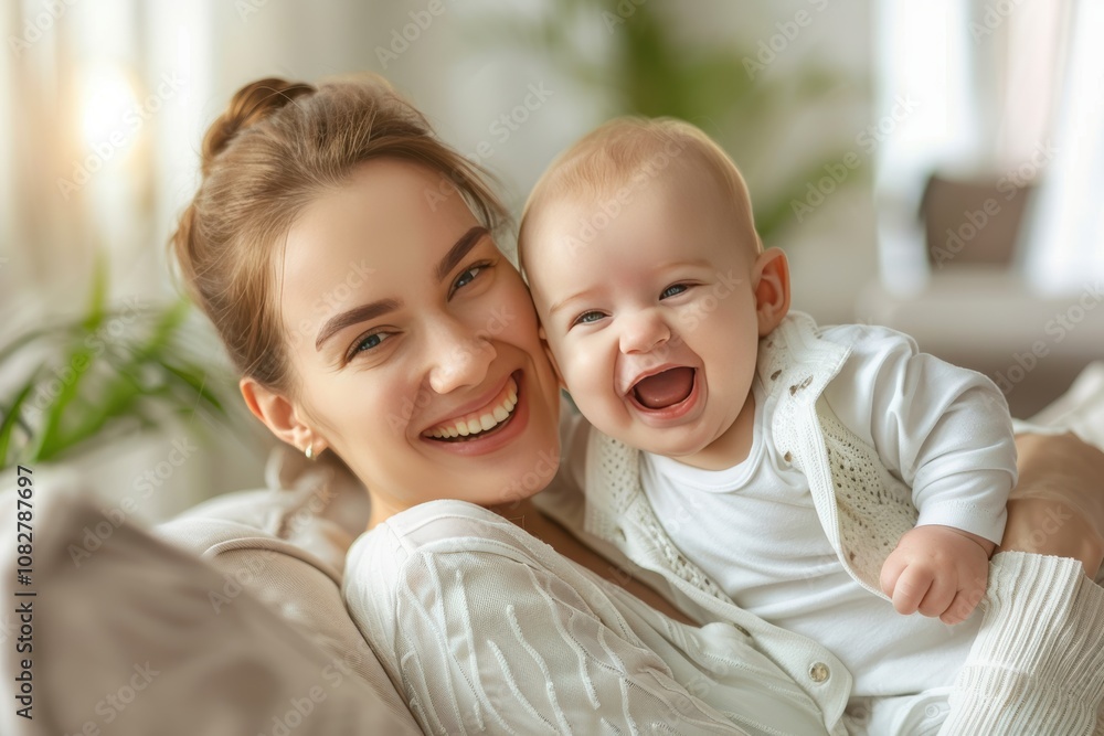 Capturing the joy of motherhood with a happy mother and her laughing baby at home Capturing the joy of motherhood with a happy mother and her laughing baby at home