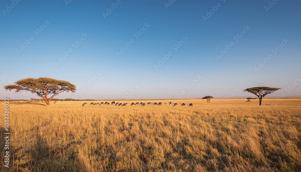 Fototapeta premium Vast Open Savannah Stretching to the Horizon, With Towering Acacia Trees Dotted Across the Landscape, Beneath a Clear Blue Sky and Gently Grazing Herds in the Distance