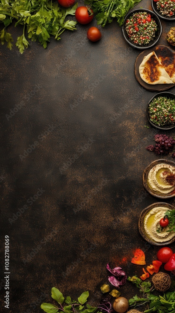 A colorful spread of hummus, tabbouleh, falafel, and fresh veggies with pita bread A colorful spread of hummus, tabbouleh, falafel, and fresh veggies with pita bread