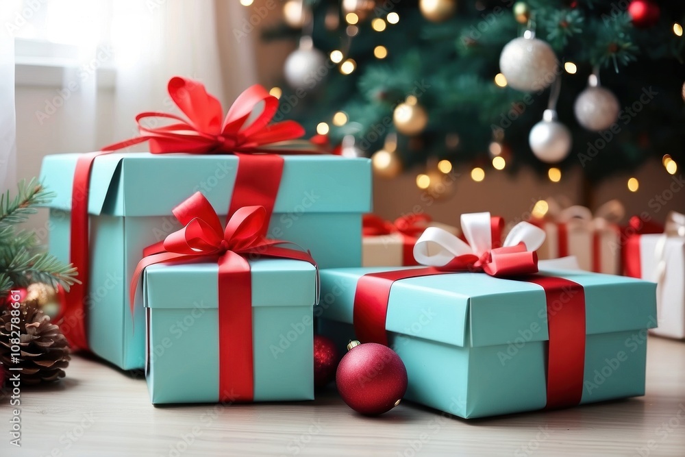 Close-up of Christmas tree with red balls and bokeh in the background. Background with copy space for holiday design. Close-up of Christmas tree with red balls and bokeh in the background. Background with copy space for holiday design.
