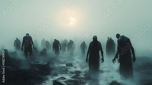 A Hordes of Zombies Wandering Through a Fog-Covered Graveyard at Dusk With Eerie Atmosphere and Ominous Shadows in the Background