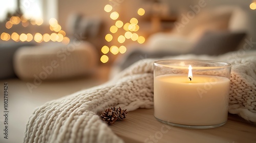 Wooden table in focus, with blurred cozy holiday elements in the background, including soft blankets, glowing candles, and Christmas lights, creating a warm, hygge atmosphere. --ar 16:9