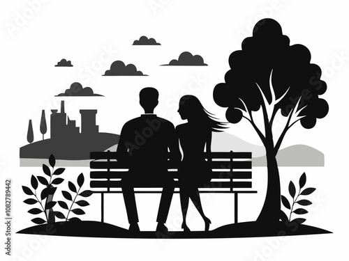 Silhouette of a Couple Sitting on a Bench in a Romantic Pose. silhouette of a couple sitting on a bench