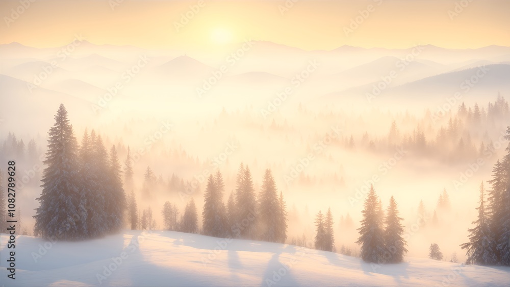 Naklejka premium Winter forest in the morning during sunrise, sunlight penetrates the fog, warm colors, AI generation